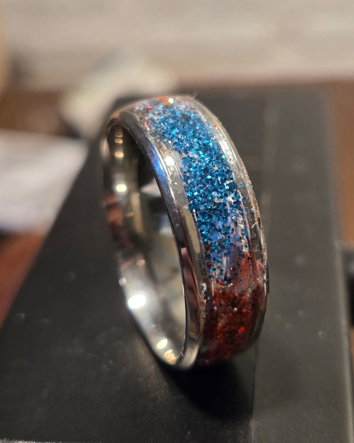 Blue and red glitter handmade ring